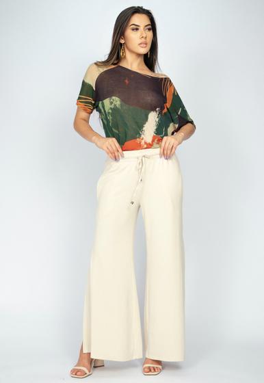Calça Pantalona Malha com Fendas Off White Menor preço em Calça Pantalona Malha com Fendas Off White