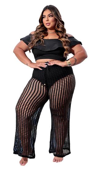 Imagem de Calça Plus Size Saida De Praia Tricot Croche Cintura Alta