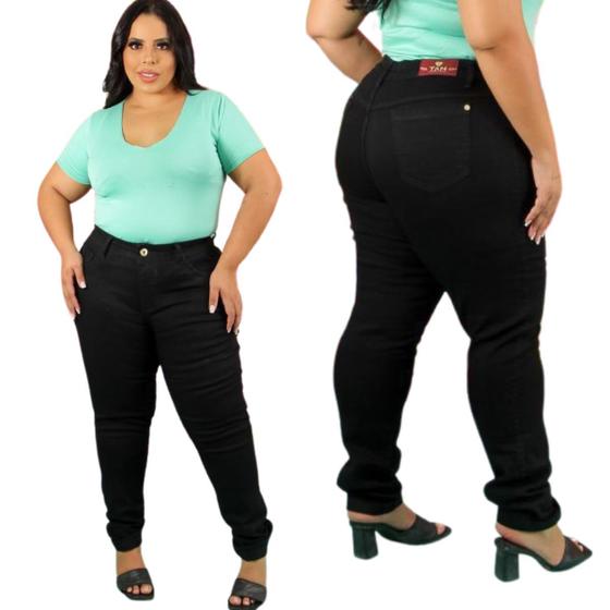 Imagem de Calça Preta jeans Plus Size feminina Cintura Alta empina bumbum  c/ lycra