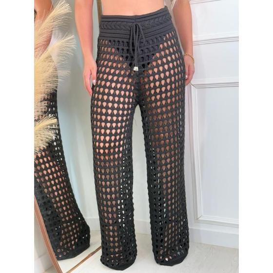 Calça Saída de Praia Elegante Ponto Croche Pantalona Furadinha Rendada ...