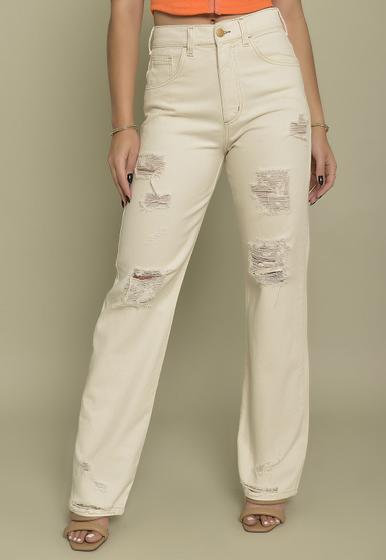 Imagem de Calça Sarja Wide Leg Off-White com Cintura Alta Dialogo Feminino