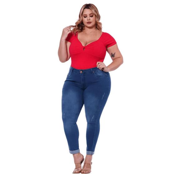 Imagem de Calça Skinny Cigarrete Feminina Jeans Elastano Destroyed Barra Virada Plus Size Oversized