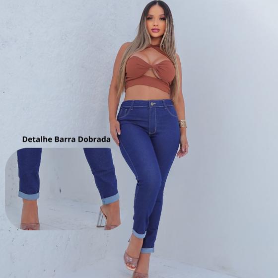 Imagem de Calça Skinny Feminina Jeans Escura Premium Cintura Alta com detalhe barra dobrada