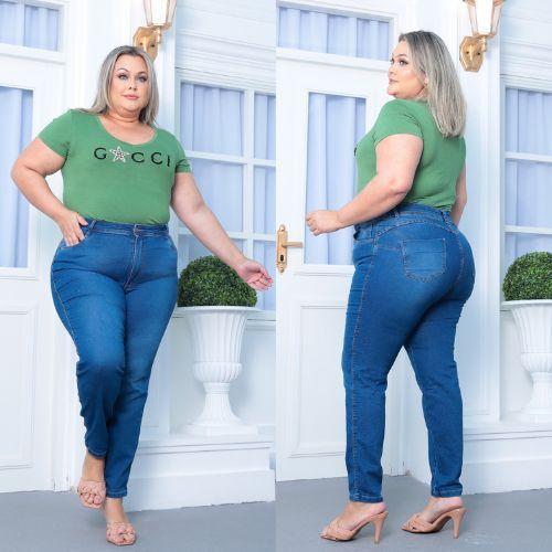 Imagem de Calça Skinny Jeans Feminina  modeladora Plus Size escura cintura alta lycra/elastano moda tendencia