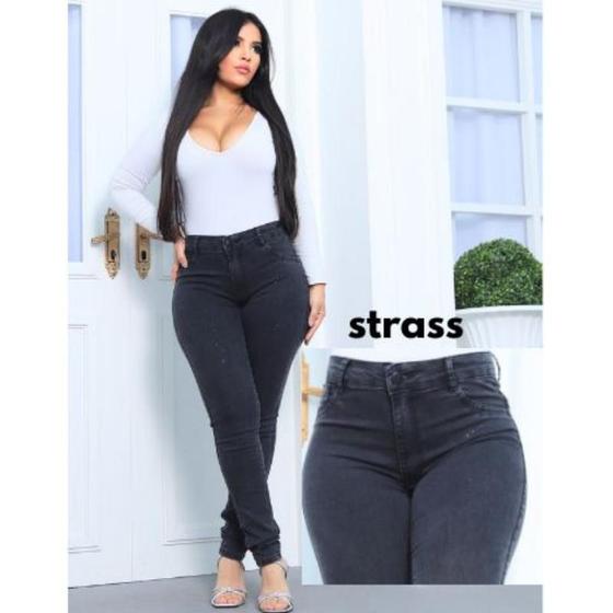 Imagem de Calça Skinny Marmorizada c/ Strass/Brilho Cintura alta lycra