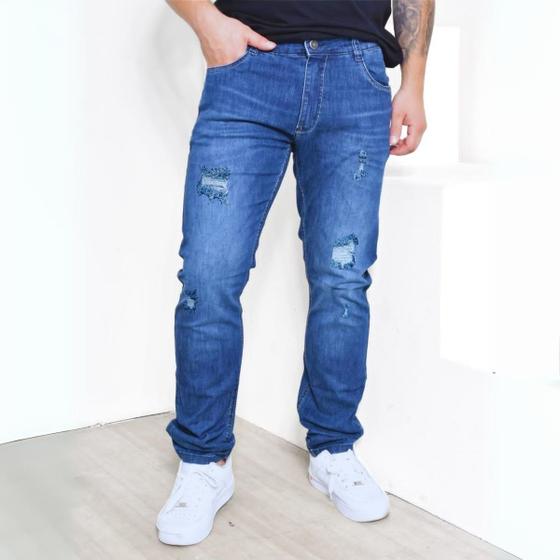 Imagem de Calça Slim Jeans Masculino Rasgados Stratch Puidos Escura