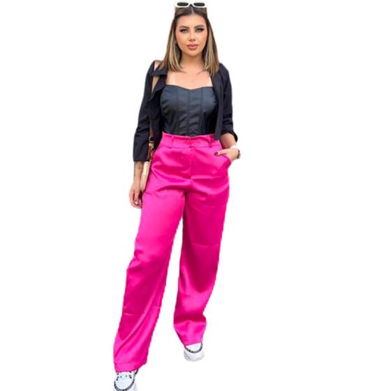 Imagem de Calça social pantalona barbie acetinada brilhosa bonita importada