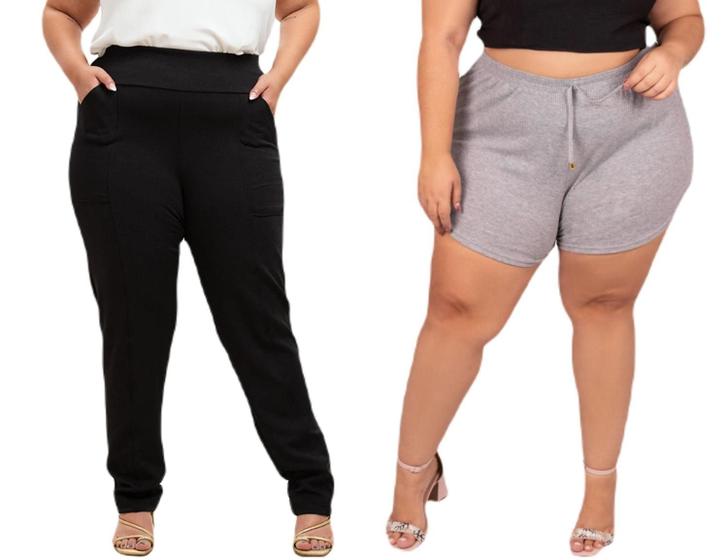 Imagem de Calça Tecido Malha Crepe Feminina Plus Size E Short Canelado Cintura Alta Moda Shortinho