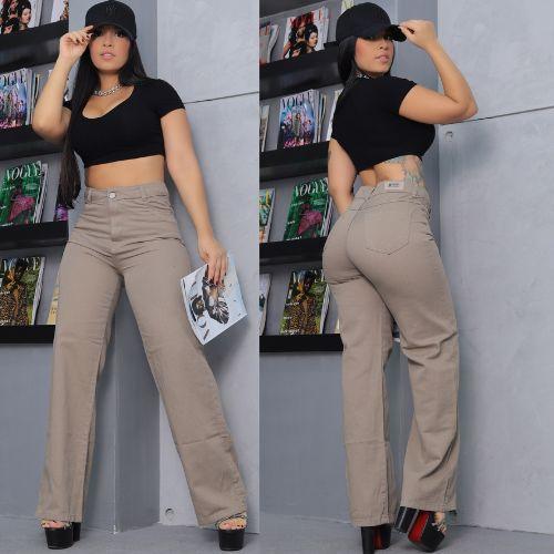 Imagem de Calça Wide Leg  Bege/Caqui Feminina Jeans Premium cintura alta Pantalona folgada