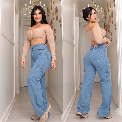 Imagem de Calça Wide leg Cargo bolso do lado, Feminina Jeans Clara, Pantalona Cintura alta Premium