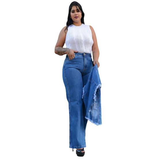 Imagem de Calça Wide Leg  Feminina Jeans 100% Algodão Plus Pantalona