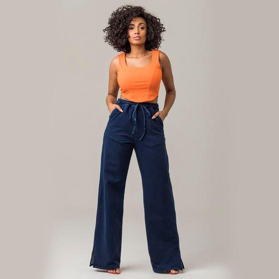 Imagem de Calça Wide Leg Feminina Jeans Cós Passante Amarração Casual