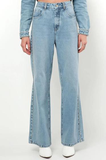 Imagem de Calça Wide Leg Jeans Aplicação Manual Correntes De Strass