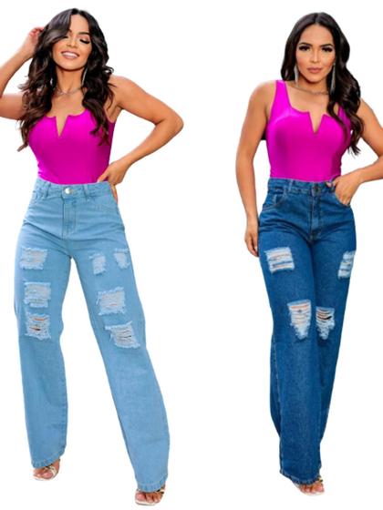 Imagem de Calça Wide leg jeans feminina com rasgos cintura alta 