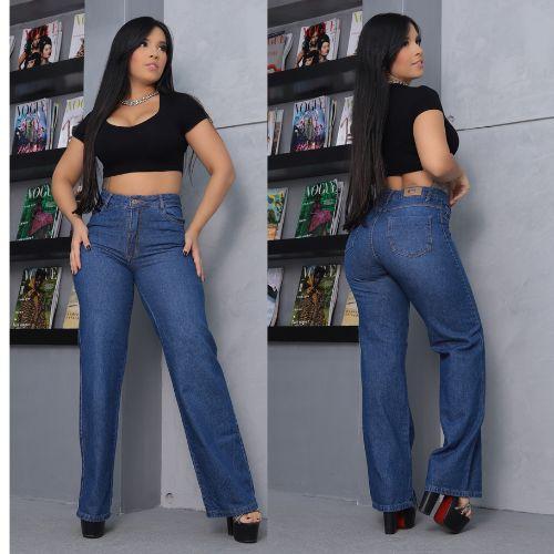 Imagem de Calça Wide leg jeans feminina lisa cintura alta premium tendencia moda solta