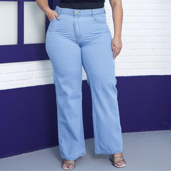 Imagem de Calça Wide Leg Jeans Plus Size Feminina Pantalona Lisa Cintura Alta