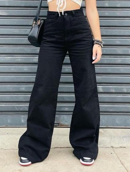 Calça Wide Leg Jeans Preta Lisa Menor preço em Calça Wide Leg Jeans Preta Lisa