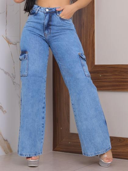 Imagem de Calça Wide Leg Marmorizada Feminina Jeans Cargo bolso do lado Premium cintura alta Pantalona folgada