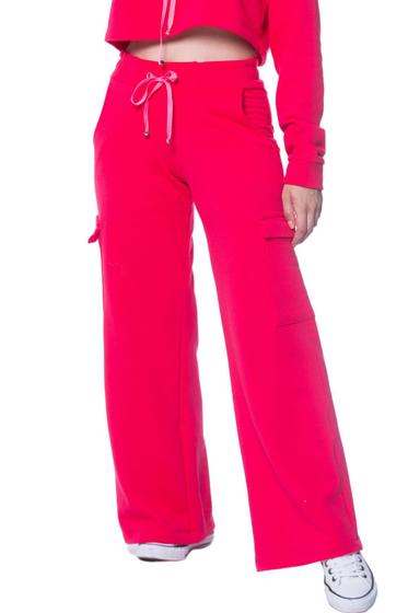 Imagem de Calça Wide Leg Moletom Feminina Bolso Cargo Pink