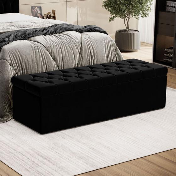 Imagem de Calçadeira Estofada Decorativa para Cama Box Sagitarius 160 para Cama Queen Suede Preto Aradecor