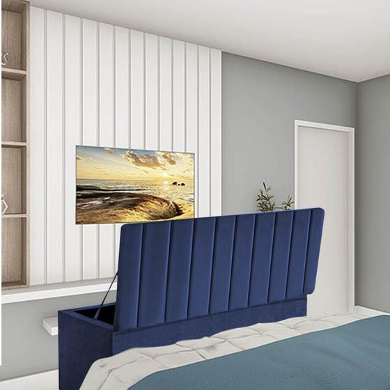 Imagem de Calçadeira Recamier Baú Carla 140cm Casal Para Quarto Box Suede Azul Marinho - Ahz Móveis