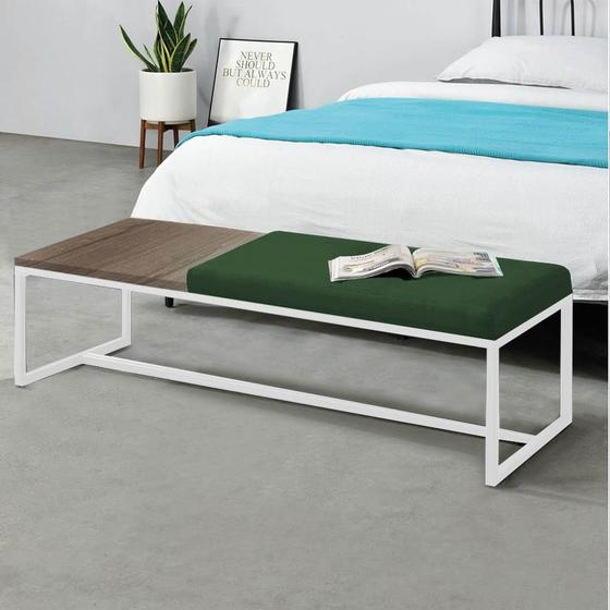 Imagem de Calçadeira Recamier Londres 140cm Industrial Branco Suede Verde Tampo Quadrado MDF Carvalho - Ahz Móveis