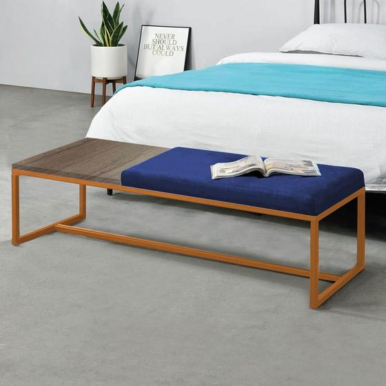 Imagem de Calçadeira Recamier Londres 140cm Industrial Bronze Suede Azul Marinho Tampo Quadrado MDF Madeira - Ahz Móveis