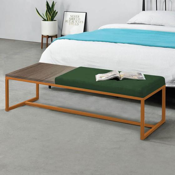 Imagem de Calçadeira Recamier Londres 140cm Industrial Bronze Suede Verde Tampo Quadrado MDF Rústico - Ahz Móveis