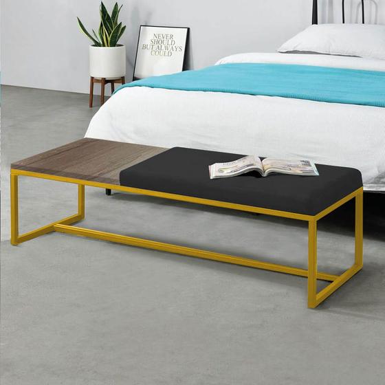 Imagem de Calçadeira Recamier Londres 140cm Industrial Dourado material sintético Preto Tampo Quadrado MDF Rústico - Ahz Móveis