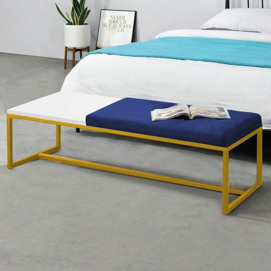 Imagem de Calçadeira Recamier Londres 140cm Industrial Dourado Suede Azul Marinho Tampo Quadrado MDF Branco - Ahz Móveis