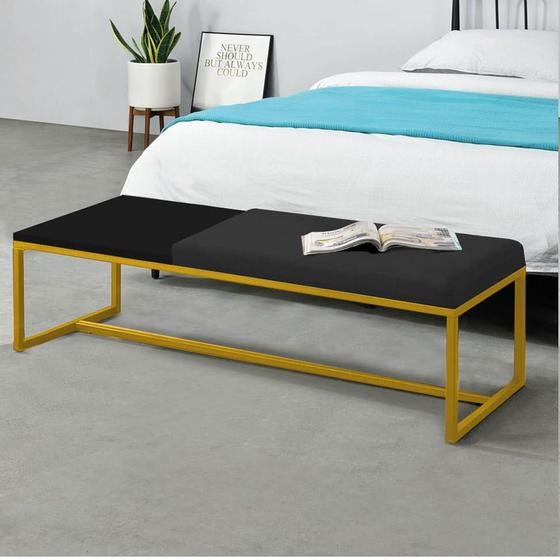 Imagem de Calçadeira Recamier Londres 140cm Industrial Dourado Suede Preto Tampo Quadrado MDF Preto - Ahz Móveis