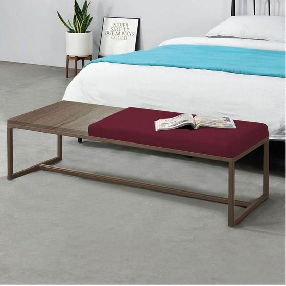 Imagem de Calçadeira Recamier Londres 140cm Industrial Marrom Suede Bordô Tampo Quadrado MDF Caramelo - Ahz Móveis