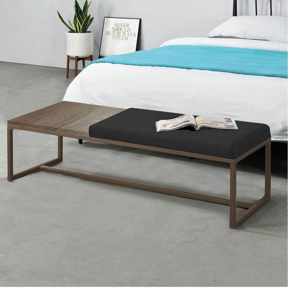 Imagem de Calçadeira Recamier Londres 140cm Industrial Marrom Suede Preto Tampo Quadrado MDF Carvalho - Ahz Móveis