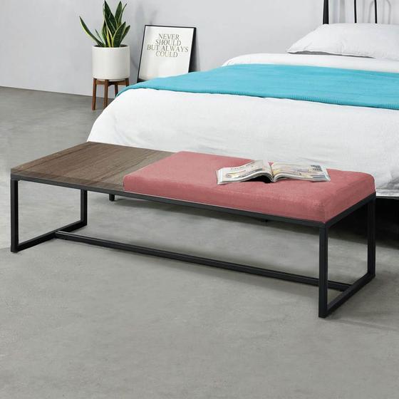 Imagem de Calçadeira Recamier Londres 140cm Industrial Preto Suede Rose Tampo Quadrado MDF Madeira - Ahz Móveis