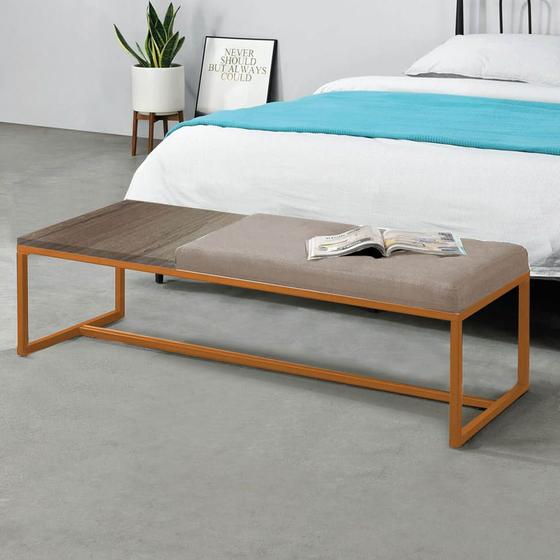 Imagem de Calçadeira Recamier Londres 160cm Industrial Bronze Suede Bege Tampo Quadrado MDF Caramelo - Ahz Móveis