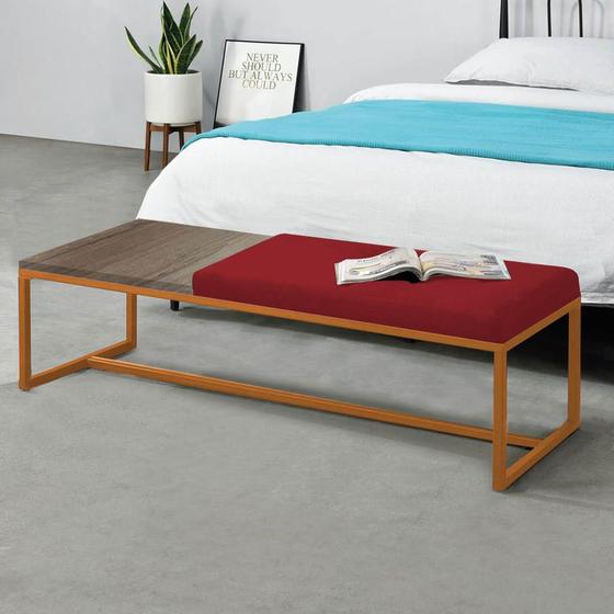 Imagem de Calçadeira Recamier Londres 160cm Industrial Bronze Suede Vermelho Tampo Quadrado MDF Castanho - Ahz Móveis