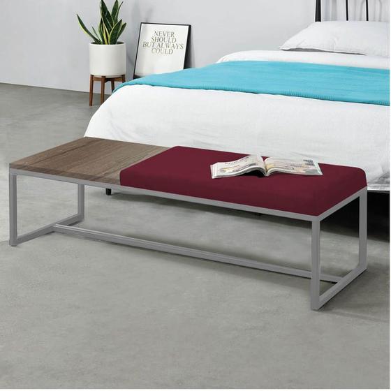 Imagem de Calçadeira Recamier Londres 160cm Industrial Cinza Suede Bordô Tampo Quadrado MDF Rústico - Ahz Móveis