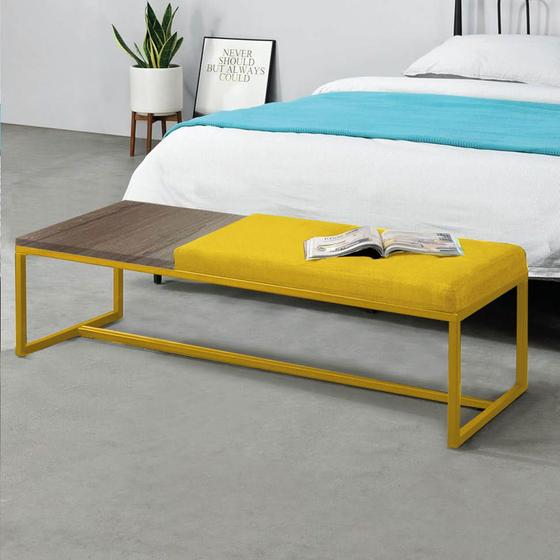 Imagem de Calçadeira Recamier Londres 160cm Industrial Dourado Sintético Amarelo Tampo Quadrado MDF Imbuia - Ahz Móveis