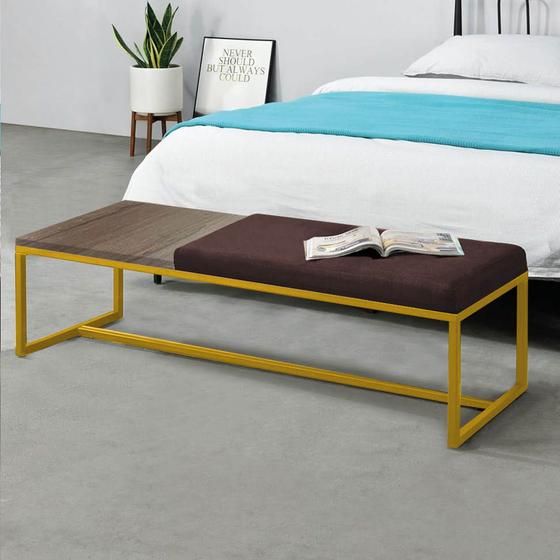 Imagem de Calçadeira Recamier Londres 160cm Industrial Dourado Sintético Marrom Tampo Quadrado MDF Madeira - Ahz Móveis