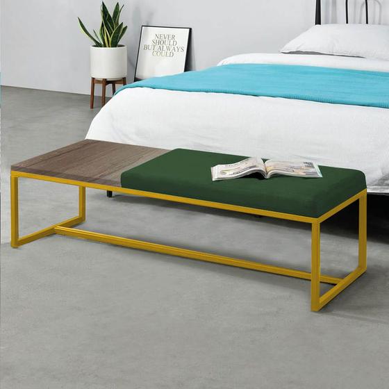 Imagem de Calçadeira Recamier Londres 160cm Industrial Dourado Suede Verde Tampo Quadrado MDF Caramelo - Ahz Móveis