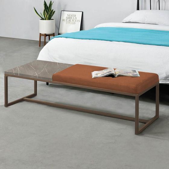 Imagem de Calçadeira Recamier Londres 160cm Industrial Marrom Suede Terracota Tampo Quadrado MDF Marmorizado - Ahz Móveis