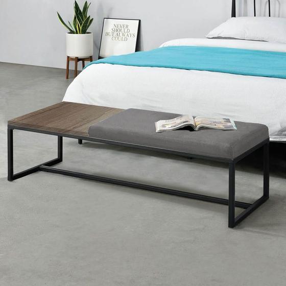 Imagem de Calçadeira Recamier Londres 160cm Industrial Preto Suede Cinza Tampo Quadrado MDF Nogal - Ahz Móveis