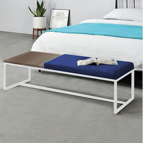 Imagem de Calçadeira Recamier Londres 195cm Industrial Branco material sintético Azul Marinho Tampo Quadrado MDF Castanho - Ahz Móveis