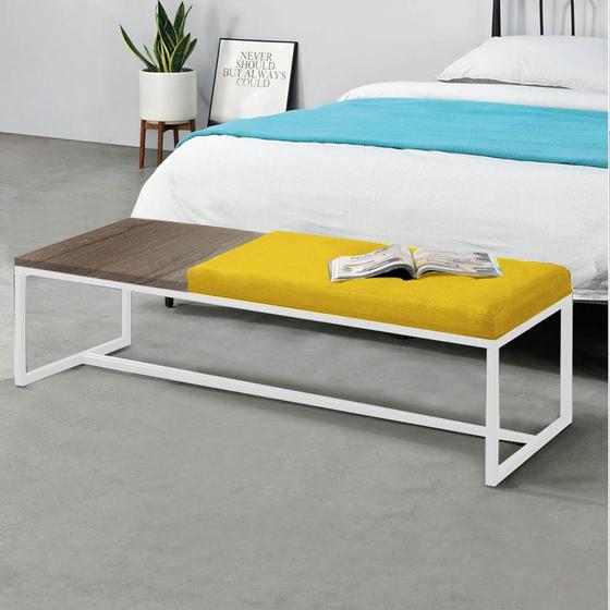 Imagem de Calçadeira Recamier Londres 195cm Industrial Branco Sintético Amarelo Tampo Quadrado MDF Castanho - Ahz Móveis