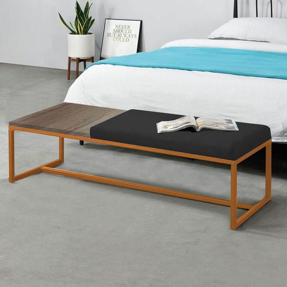 Imagem de Calçadeira Recamier Londres 195cm Industrial Bronze Suede Preto Tampo Quadrado MDF Caramelo - Ahz Móveis