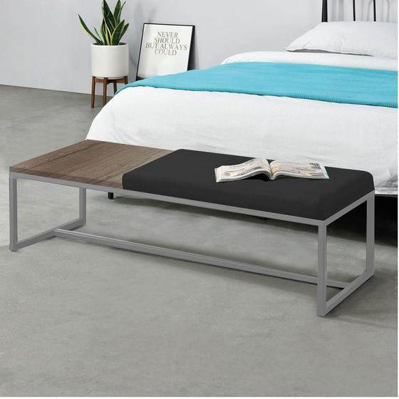 Imagem de Calçadeira Recamier Londres 195cm Industrial Cinza Suede Preto Tampo Quadrado MDF Imbuia - Ahz Móveis