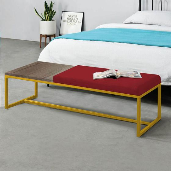 Imagem de Calçadeira Recamier Londres 195cm Industrial Dourado Sintético Vermelho Tampo Quadrado MDF Rústico - Ahz Móveis