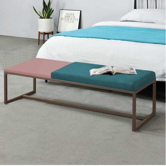 Imagem de Calçadeira Recamier Londres 195cm Industrial Marrom Suede Azul Turquesa Tampo Quadrado MDF Rose - Ahz Móveis