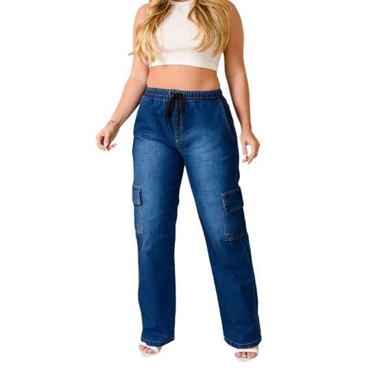 Imagem de Calças Cargo Feminina Jeans Larga Skatista Bolso Lateral