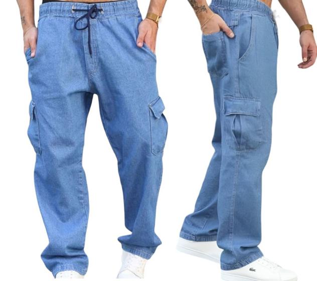 Calças Cargo Masculina Jeans Larga Skatista Bolso Lateral Menor preço em Calças Cargo Masculina Jeans Larga Skatista Bolso Lateral